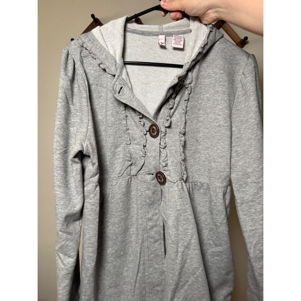 Star Brand Gray Ruffle Button Up Hooded Cardigan Empire Waist Longline Sweater